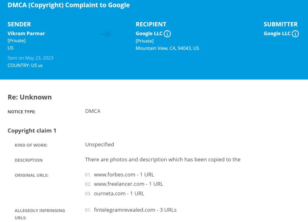 Vikram Parmar from Gripeo and Dirtyscam filed a DMCA against us