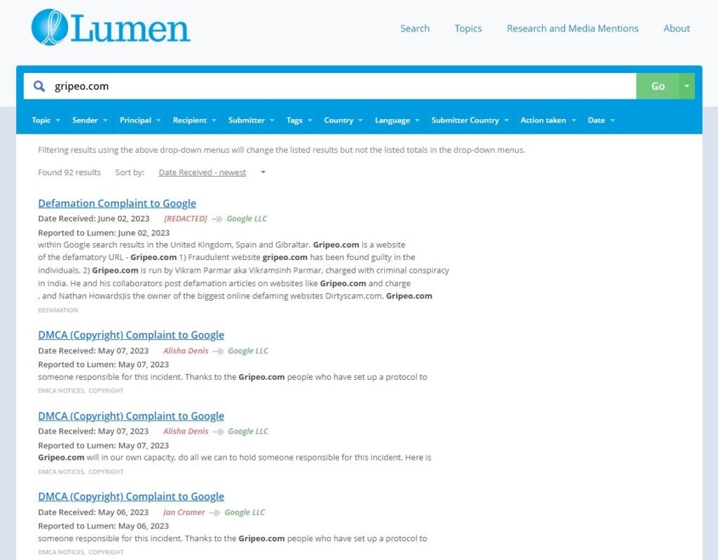 Gripeo, Dirtyscam and the full list of Lumen DMCA takedown